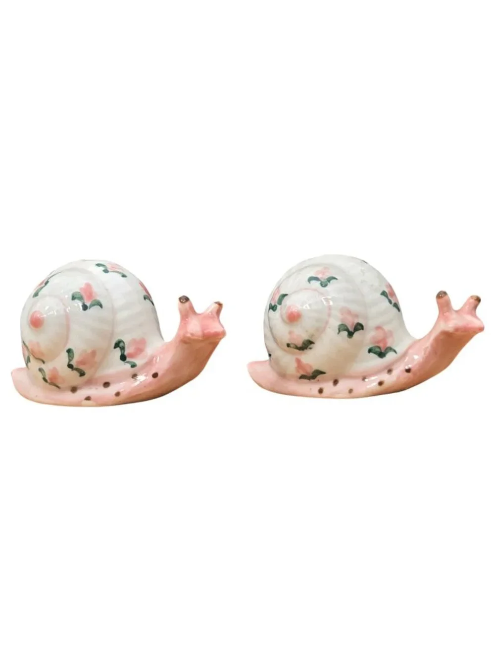 Vintage Snail Salt Pepper Shaker Set Pink Green Dots Floral Kitsch Whimsical